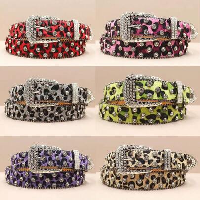 Crystal Embellished Hiphop Punk Rock Fashion Leopard Print Y2K Style Rhinestone Decor Wide Belt, Suitable For Men And Women