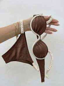 Bikinx Women's Chic Braid Detail High Cut Bikini Set Spaghetti Strap Contrast Binding Swimwear High Stretch Fabric - Multicolor - View 1