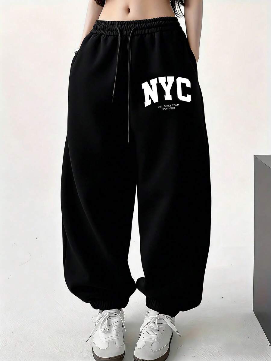 女士休闲宽松版型 NYC 字母印花灰色慢跑裤,秋冬裤装 黑色 - 黑色 - 查看 1