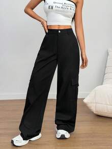 Women's Stylish And Chic Solid-Color Cargo Pants, Loose And Practical With Multiple Pockets, Sweet And Casual, Perfect For Street Style, Brunch, And Spring And Summer Outfits. - màu đen - Xem 10
