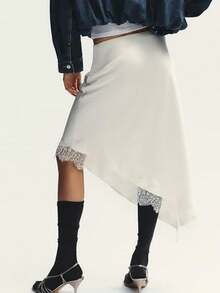 Women Satin Lace Long Skirt Elastic Waist Silky Lace Trim Midi Skirt Y2k Half Slip Maxi Skirts For Under Dress - 白色 - 查看 3