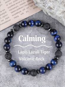 YAUKIA 天然青金石虎纹火山石手链，寓意好运、力量和财富，适合日常佩戴，弹性设计，男女皆宜，适合瑜伽冥想。 - 彩色 - 查看 1