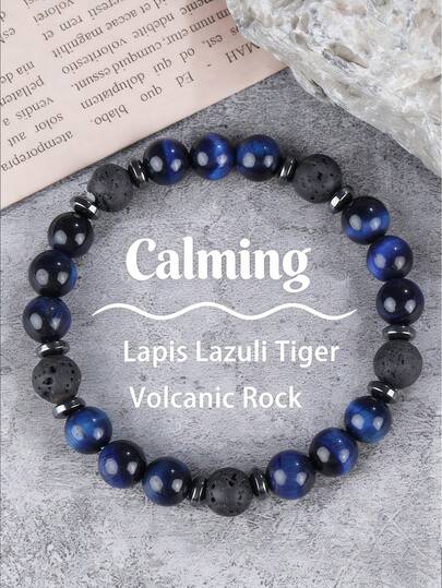 YAUKIA Vòng tay đá núi lửa Lapis Tiger tự nhiên, mang lại may mắn, sức mạnh, lý tưởng để đeo hàng ngày và thịnh vượng, trang sức co giãn, thích hợp cho yoga và thiền định dành cho cả nam và nữ.