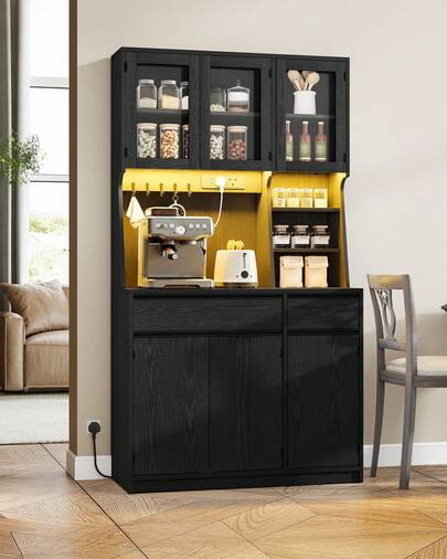 HEXCELEN Kitchen Cabinet, Freestanding Pantry Cupboard With LED & Power Outlet, Tall Kitchen Cupboard With Countertop And 2 Drawers, Adjustable Shelves, For Dining Room, Living Room