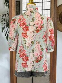 Áo kiểu nữ cổ chữ V dáng suông, họa tiết hoa 3D, viền bèo nhún, phong cách vintage, thích hợp cho mùa xuân/hè. - Màu xanh nhạt - Xem 4