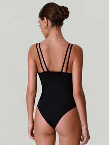 女士高弹力修身性感吊带露背连体衣休闲运动瑜伽舞蹈连体衣带胸垫 - 黑色 - 查看 10