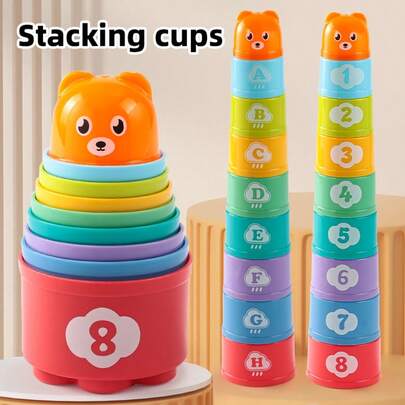 9pcs Random Stacking Cups Toys For Toddlers, Rainbow Stacking Cups, Montessori Education Or Bath Toys, Numeric Stacking Blocks, With Number & Letter Patterns, Early Childhood Education, Indoor & Outdoor Sensory Toys, Suitable For 12+ Months