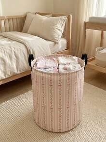 1pc Bow Pattern Printed Large Capacity Foldable Round Storage Basket With Handle, Multi-Purpose Storage Basket For Nursery, Baby Diaper, Clothes, Toys And Other Accessories - Multicolor - View 3