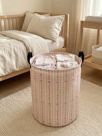 1个蝴蝶图案印花大容量可折叠圆形收纳篮，带提手，多用途收纳篮，适用于婴儿房、尿布、衣物、玩具及其他配件。