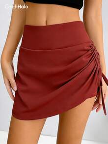 Váy quần thể thao cạp cao có dây rút, xẻ tà bên hông, cạp chun ôm bụng, màu trơn, thích hợp cho mùa hè chơi tennis, golf, yoga. - Đỏ - Xem 3