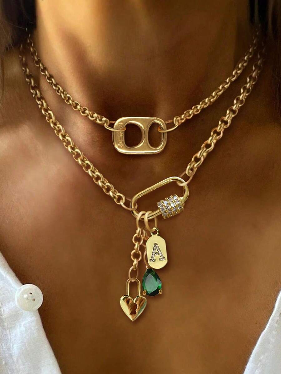 1pc Oval Rhinestone Encrusted Gold Letter Pendant Necklace, Green Crystal Pendant, Fashionable Minimalist Necklace For Women - Golden - View 1