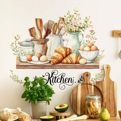 Kitchen Utensils And Croissant Themed Wall Stickers, Detachable Self-Adhesive Waterproof PVC Stickers, Suitable For Decoration In Restaurants, Kitchens, Living Rooms, Offices, And Rooms