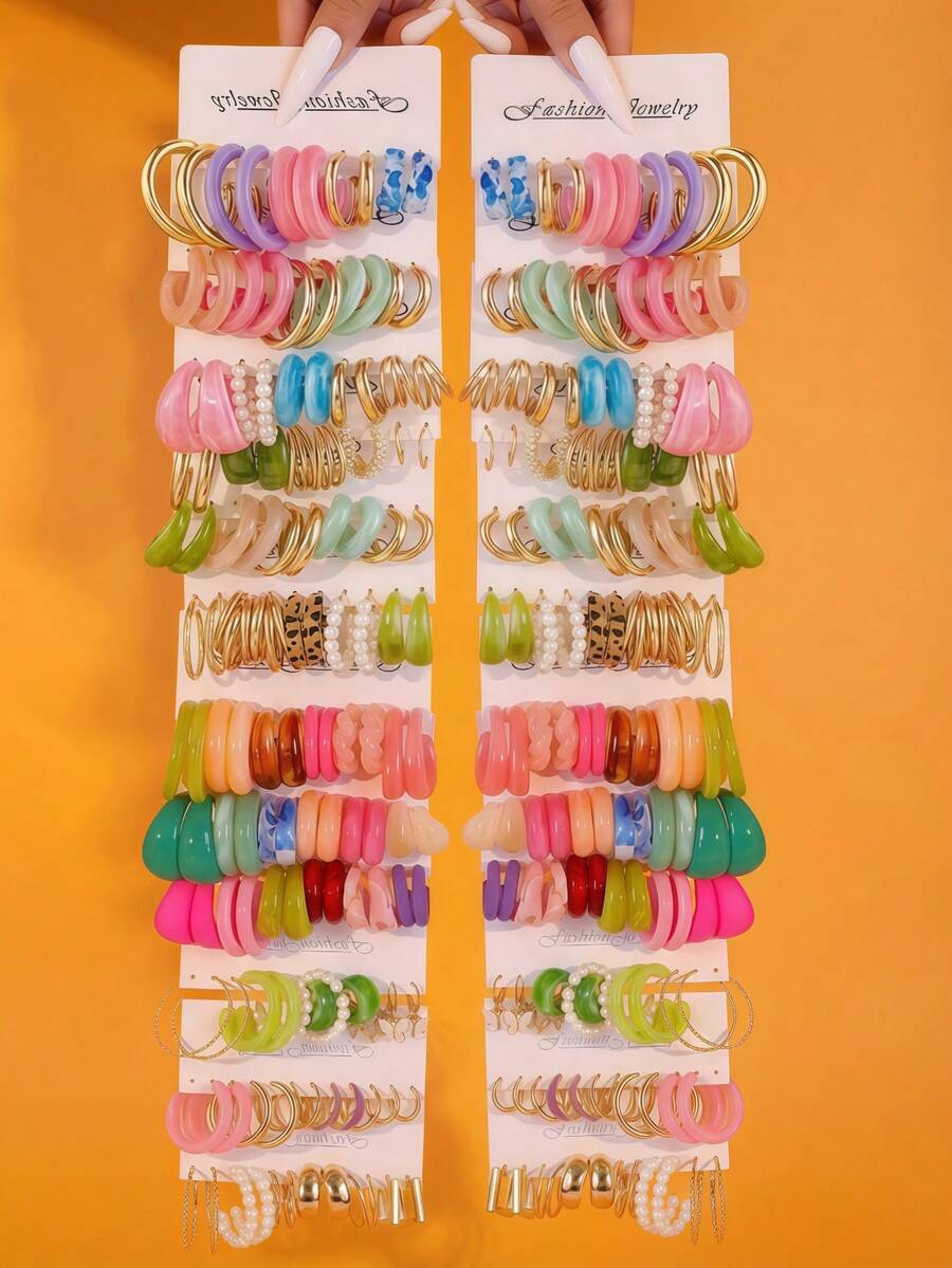 66/30/12pcs Set Of Punk Style Resin Water Drop, Butterfly, Leopard Print Hoop Earrings, Suitable For Women's Party, Banquet, Summer Vacation, Date, Daily Wear - Multicolor - View 1
