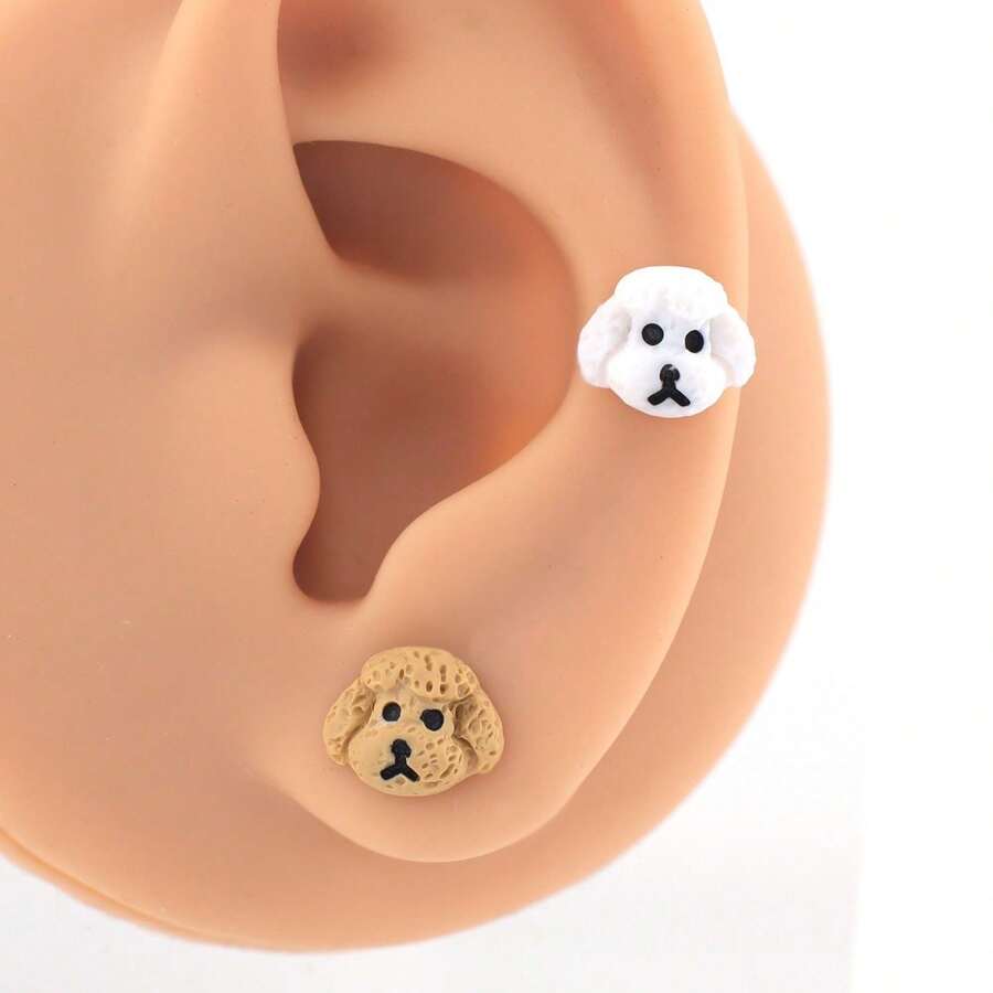 1对可爱白色比熊犬耳钉，黄色泰迪犬耳钉，萌宠耳环派对礼物 - 耳環 - 查看 1