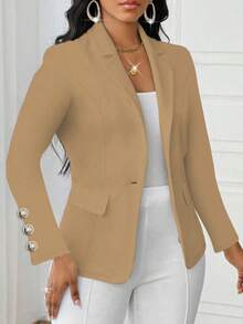 Women's Solid Color Elegant Lapel Long Sleeve Button Faux Pocket Regular Jacket - Khaki - View 4