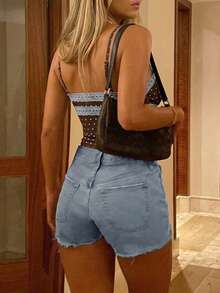 Women's Street Washed Frayed Hem Elastic Denim Shorts, Casual Daily Wear With Pockets, Spring/Summer - Blue - View 3