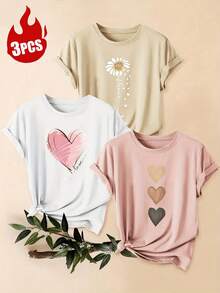 3 pièces/set T-shirts à manches courtes et col rond décontractés pour femmes - motif imprimé, tissu doux et confortable, lavable en machine, hauts d'été - Multicolore - Voir 2