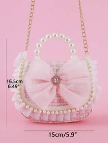 1pc Plus Size Rhinestone Mesh Bow & Beaded Ruffle Striped PU Material Flap Closure Fashion Pearl Handbag Semi-Circular Shape Sweet Chain Shoulder Crossbody Bag Snack Coin Purse Suitable For Holiday And Daily Use - Pink - View 5