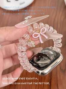 1条适用于苹果手表的表带，ins风手机挂绳表带 - 透明弹力表带，带可爱卡通吊坠，适用于苹果手表38/40/41/42/44/45/46/49mm SE/Ultra/1/2/3/4/5/6/7/8/9/10/11系列，清新时尚的弹力表带，女士智能手表配件 - 粉色 - 查看 2