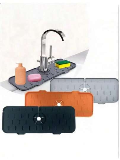 1pc Silicone Faucet Splash Guard, Durable Kitchen And Bathroom Sink Accessory, Foldable Sink Drain Mat, Splash Proof For Vanity And Kitchen Countertop, Home Supplies, Kitchen Accessories, Drain Mat