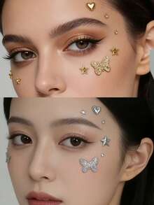 1pc/2pcs Gold & Silver Heart Butterfly Round Clip-On Fake Nose Stud, With Self-Adhesive Rhinestone, Non-Piercing, 3-6mm, Comes With Glitter Butterfly, DIY Design, Body Jewelry, Face Sticker Suitable For Eyebrows, Lips - Gold - View 5