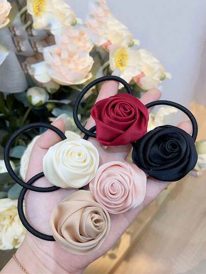 2 piezas Scrunchies de pelo con flores de rosa de satén, lazos de pelo minimalistas, elegantes y dulces con estilo retro, accesorios para el cabello para mujeres