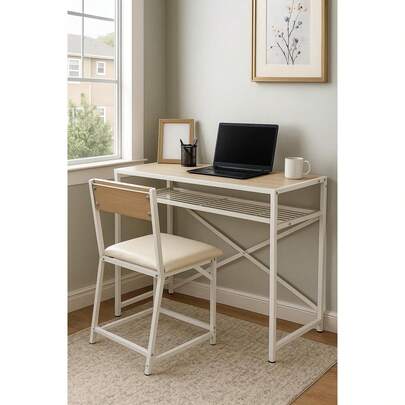 New Office Study Table With Cushion Seat & Metal Frame Compt Desk Chair Set