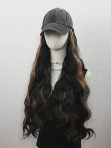 26 Inch Natural Black With Blonde Highlights Big Wave Curly Hair Extensions, Dark Grey Cowboy Baseball Cap Integrated Hat Wig, Heat-Resistant Synthetic Fiber, Adjustable, Suitable For Women - Brown Highlight - View 5