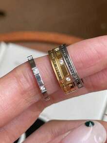 2 piezas Juego de anillos con impresión de letras de acero inoxidable, resistente al agua y a la decoloración, adecuado para uso diario de mujeres - conjunto de dos piezas - Ver 3