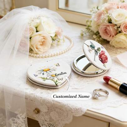 Espejo de maquillaje personalizado con flor y mariposa de piel sintética en forma de corazón/redondo/cuadrado, con nombre, cumpleaños, boda, regalo de fiesta para mujeres