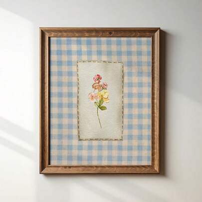 1pc Frameless Vintage Farmhouse Blue Plaid Floral Pattern Wall Art - Floral Print Art Poster For Home Office Classroom Apartment Bedroom Dorm, Room Decor Bedroom, Decoration Bedroom, Prints For Wall, Posters, Vintage Decor, Party Decor & Best Gift Choice