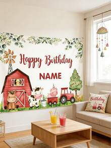 Personalized Farm Theme Birthday Party Backdrop, Customized Happy Birthday Banner With Barn And Animals, Outdoor Summer Party, Back To School - Multicolor - View 5