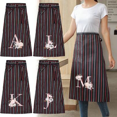 Apron Oil-Proof Waterproof Household Cooking Kitchen Apron Chef Work Apron Adjustable Adult Waist Apron Pink Flower 26 Initial Letter A-Z Coffee Overalls With Pocket Kitchen For Men Women Necessary