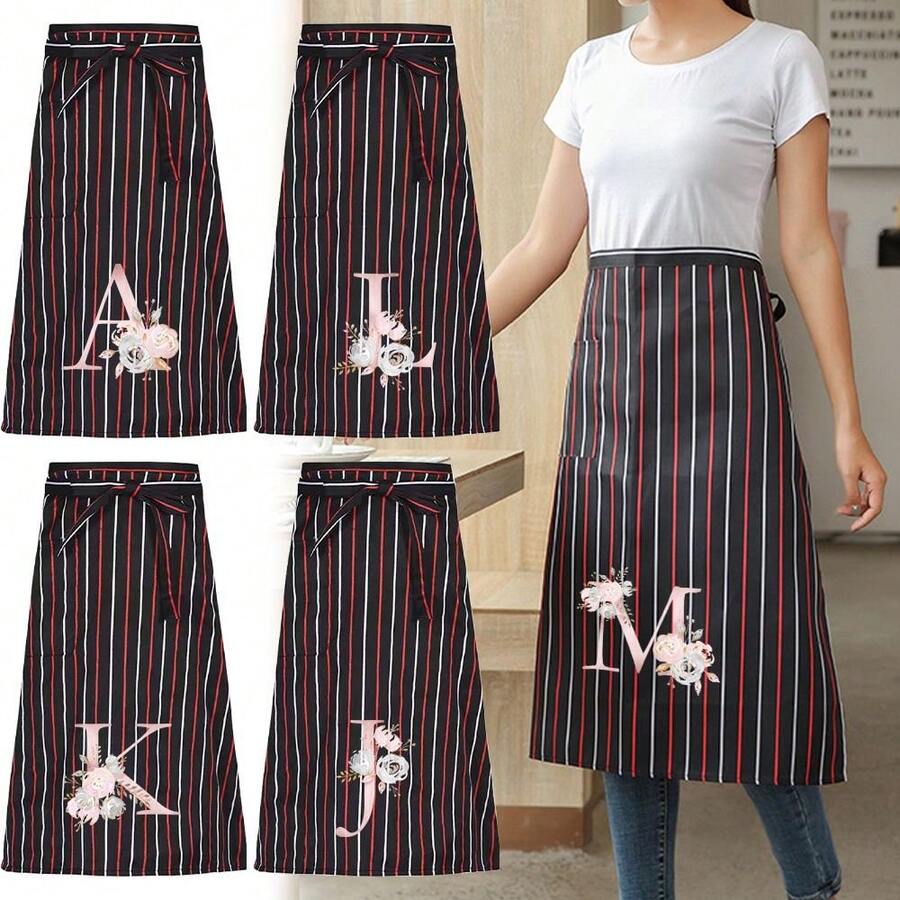 Apron Oil-Proof Waterproof Household Cooking Kitchen Apron Chef Work Apron Adjustable Adult Waist Apron Pink Flower 26 Initial Letter A-Z Coffee Overalls With Pocket Kitchen For Men Women Necessary - 1pc - Black and Red Bar - View 1