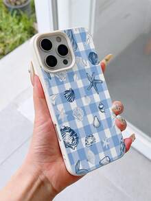 1pc White Litchi Texture Shockproof TPU Phone Case, Fashionable Checkered Pattern With Starfish & Shell Graphic, Suitable For IPhone 7/8/7 Plus/8 Plus/X/XS/XR/XS Max/11/11 Pro/11 Pro Max/12/12 Pro/12 Pro Max/12 Mini/13/13 Pro/13 Pro Max/13 Mini/14/14 Pro/14 Pro Max/14 Plus/15/15 Pro/15 Pro Max/15 Plus/16/16 Pro/16 Pro Max/16 Plus/17/17 Pro/17 Pro Max/Air - Multicolor - View 3