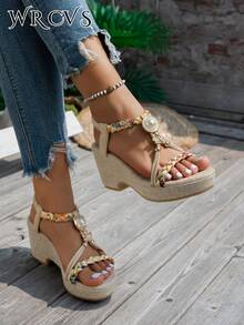 米色坡跟凉鞋，女士夏季厚底搭扣凉鞋，镂空手工串珠编织凉鞋，轻便时尚，罗马风度假凉鞋，增高鞋，度假鞋，波西米亚风厚底鞋 - 米色 - 查看 2