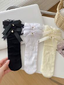 1/3 Pairs Spring/Summer Thin Knee-High Socks, Ballerina Style Mid-Calf Socks, Lolita Bow Socks, Mesh Hollow Stockings, No-Show Socks, Lace Trim Straight Tube Socks - Multicolor - View 11