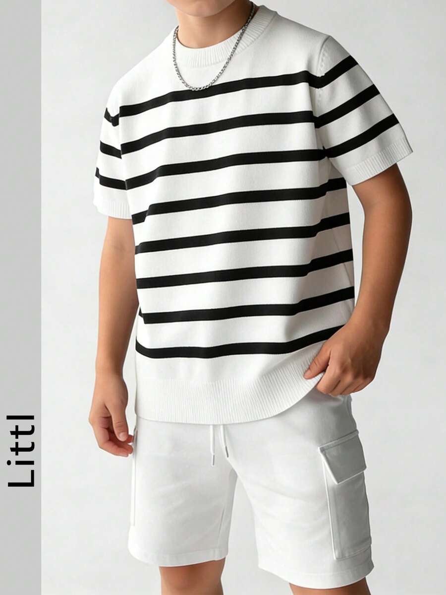 Áo thun len cổ tròn tay ngắn kẻ sọc dáng casual cho bé trai tuổi teen, áo mùa hè. - trắng - Xem 1
