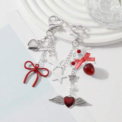 1个多色Y2K时尚滴油翅膀爱心蝴蝶结樱桃星星吊坠钥匙扣，简约包包挂饰，汽车钥匙配件