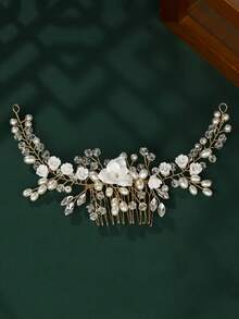 1件手工珍珠花朵新娘发梳，浪漫水钻发夹，婚礼礼服配饰，派对及拍照发饰 - 彩色 - 查看 12