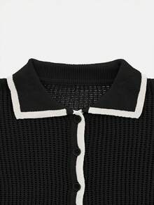 Women's Short Sleeve Knit Polo Shirt, Contrast Color Trim, Button Detail And Slit Design, Loose Casual Comfortable Summer Wear, Versatile Streetwear Style Black - Black - View 8