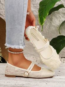 Giày bệt Mary Jane nữ, mũi vuông, kiểu dáng thanh lịch Trung Quốc mới, kèm khăn voan lưới, viền ren thời trang, phù hợp cho các buổi họp mặt, tiệc tùng, đám cưới. - trắng - Xem 5