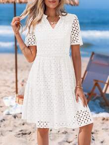 PRETTYGARDEN Women's Summer Elegant Dress V-Neck Hollow Eyelet Ruffle A-Line Hem Short Casual Wedding Graduation Travel Beach Holiday Vacation White Dresses For Women - 白色 - 查看 6