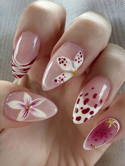 24片中号杏仁形粉白花朵水钻假指甲，中号ins风按压式可卸人造指甲，适合派对、舞会和日常佩戴