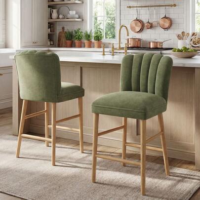  Chairus Bar Stools Set Of 2 Upholstere Counter Stool Wooden Legs Chenille Breakfast Bar Chairs