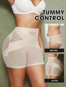 1件装女士塑身连体衣，收腹提臀，网眼短裤内裤 - 杏色 - 查看 2