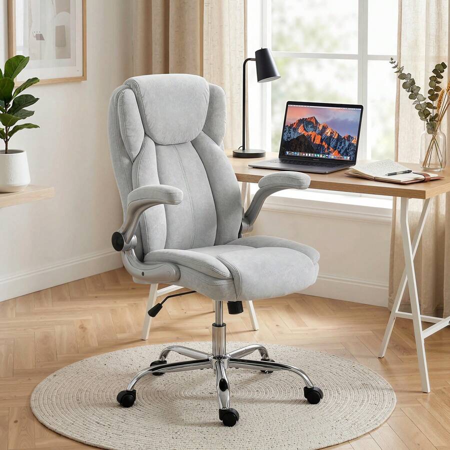 HOMCOM Ergonomic Office Chair With Padded Folding Armrests, Swivel Padded Desk Chair In Printed Velvet, Rocking Function, Multi-Cushion, High Back, Adjustable Height, Cream - Light Grey - View 1