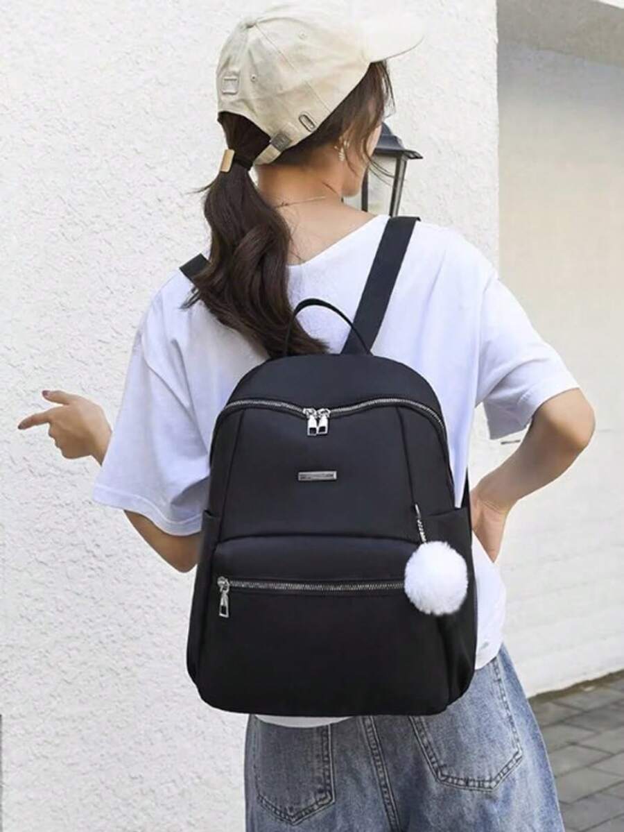 可爱毛球装饰尼龙女式背包,轻便休闲日常背包,多口袋设计,时尚黑色尼龙背包,饰有蓬松毛球,休闲学生书包,防水耐用 - 黑色 - 查看 1