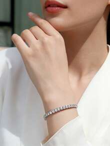 1 chiếc vòng tay co giãn thời trang ngọt ngào kiểu công sở (OL) một hàng đá Zirconia trắng, khắc tên riêng cho nữ. - Bạc - Xem 4