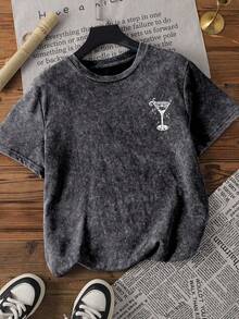 Áo nữ mùa hè: Áo thun cotton cổ tròn tay ngắn in hình ly rượu và bông tuyết, kiểu dáng đơn giản hàng ngày, ôm sát và tôn dáng, áo in họa tiết mùa hè không thể thiếu cho phái nữ. - màu đen - Xem 2